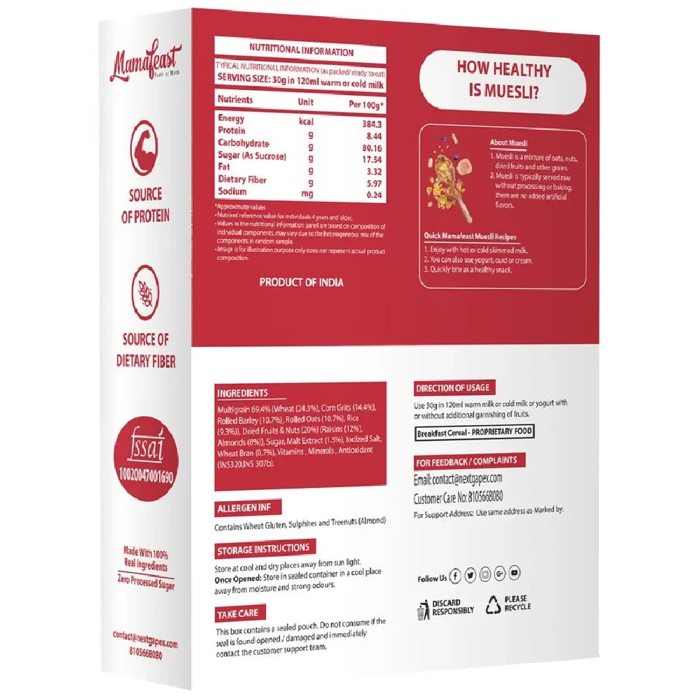 MAMAFEAST Muesli Nuts Delight - Whole Oats, Multigrains, No Sugar Infused Fruits, 400 g Box-2.webp